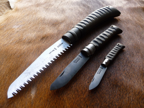 jeffzie:  ru-titley-knives:  Opinel trio now complete ,  well apart from the sheaths obviously .  Custom knives , sheaths and gear from rtknives@hotmail.com  Nice custom work.