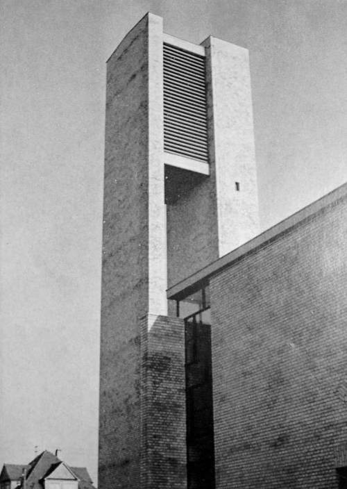 germanpostwarmodern:Church “Heilig Kreuz” (1960-61) in Knielingen, Germany, by Werner Gr