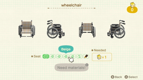 Item: wheelchair# of customizations: 6Customization names: blue, red plaid, green plaid, beige, colo