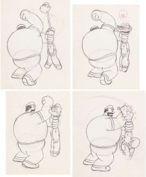 1930s Fleischer animation drawings of a fight scene between Popeye and Bluto.