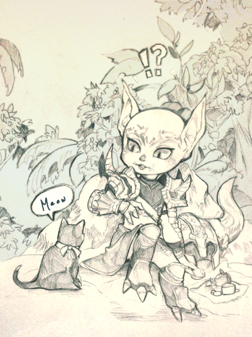 mabaki:  I leveled my Warri Asura to 80! whoo Vuldre taking a break eating lunch when all of a sudden a cat comes up to him lol. He gets startled easily on deviantArt / Commission Info 