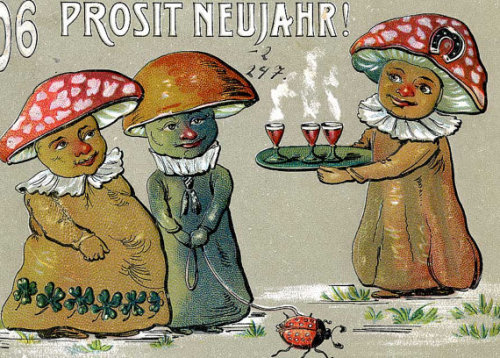 weirdvintage:  Weird German vintage Happy New Years’ card, with three anthropomorphic mushrooms and a ladybug on a leash, c 1906 (via) 