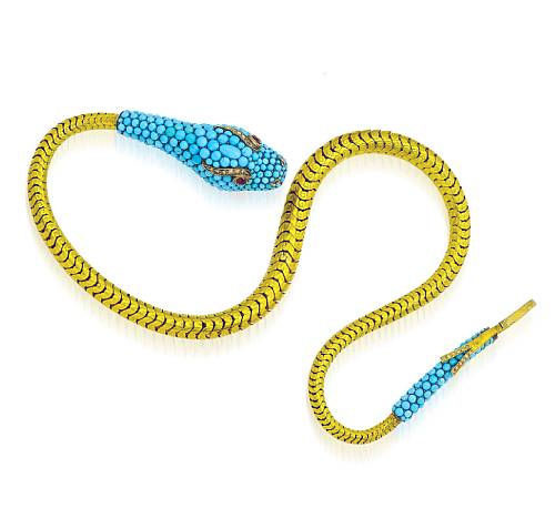 A gold, turquoise, garnet and diamond snake necklace, circa 1840