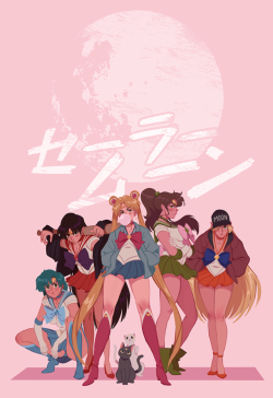 booster-pack-arts: I finally did the Sailor Scout Street Gang print I’ve always been telling myself I’d do! Super happy with out it turned out too. Also, slav squatting Mercury &lt;3 