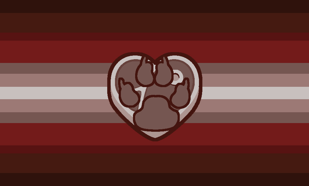 colors in this order starting from the top and reflected after the last listed color: dark red, a more desaturated dark, crimson, red, pale brown, a light pinkish brown, and off white. in the center of the flag is a heart shaped piece of meat with light brown flesh, and inside that is a light brown paw with a red outline.