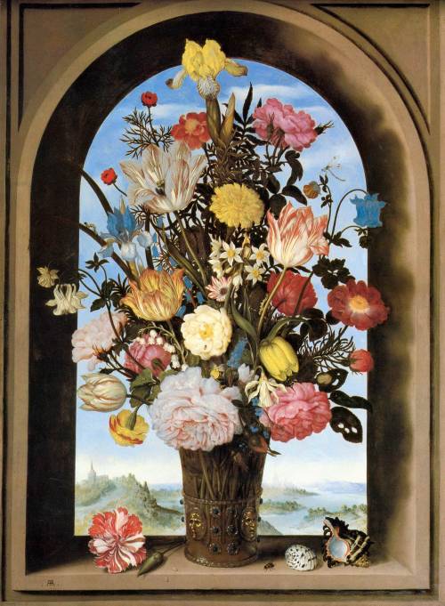 lionofchaeronea: Vase with Flowers in a Window (aka Bouquet in an Arched Window), Ambrosius Bosschae