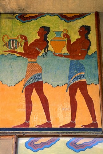 Minoan fashions1. Two male servants at Knossos2. Minoan servant with a blue vessel fresco at Knossos