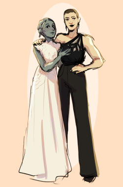 hadespaint:commission of my friend’s shepard and liara in formalwear inspired my zuhair murad 