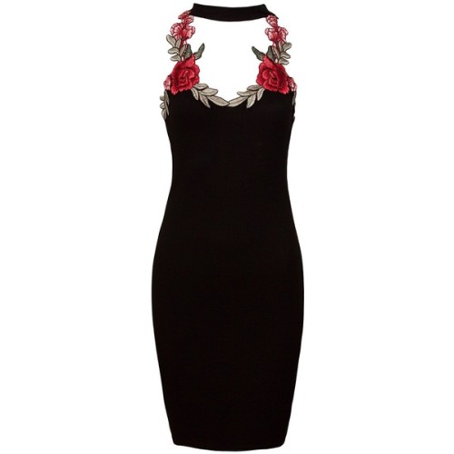 Sans Souci Black floral patch choker midi dress ❤ liked on Polyvore (see more flower print dresses)