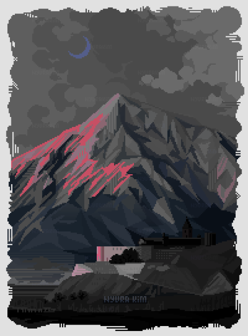 Pixel Art Illustration of grey-scaled looking mountain that looks bulky and huge; pink colors suggest the sunset happening somewhere outside this canvas. In front of mountain stand a big castle-structure that placed on the higher ground. In front of that structure is a field. Moon is hauntingly purple up high. All illustration hugged with a fringe-looking frame giving it a retro old-postcards feel.