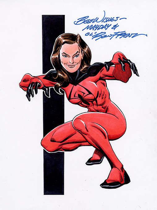 Mayday Parker/Spider-Girl in her ‘Uncle’ Kaine’s Scarlet Spider Costume by Ron Frenz
Felicity will be jealous!