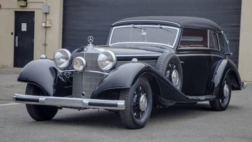 motoriginal:  1937 Mercedes-Benz 540K Cabriolet BBlack body, black top, black spokes, red leather. Supercharged 5.4L Inline 8-cyl engine.Photos via Hemmings.