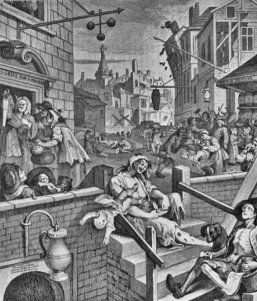 &ldquo;Gin Lane&rdquo; by William Hogarth, 1751, in support of the British Gin Act of 1751. 