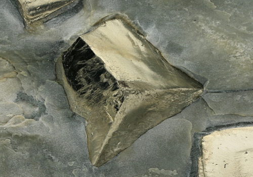 hematitehearts:Pyrite in SchistLocality: Virgin Valley, Austria.Size: 13.0 × 7.5 × 2.2 cm