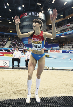 Ekaterina Koneva after her last jump during the triple jump final at the World Indoor Championships 