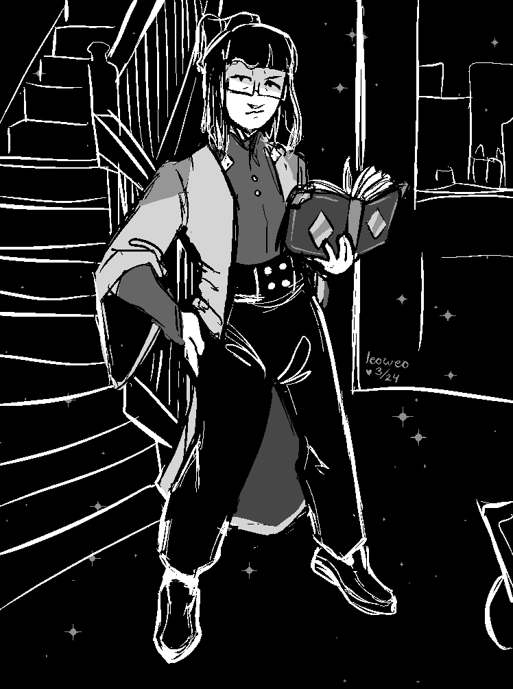 An image of Odile, from In Stars And Time, as a meme redraw based on a photo of Thomas Sanders. She's standing confidently, feet apart, with one hand on her hip and the other holding her book. Her expression is exaggeratedly stern with one eyebrow raised.