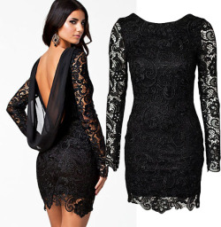 stylelist-tidebuy:  Black Crochet Open Back Long Sleeve Sheath Dress 