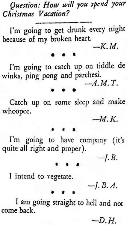 doctorbluesmanreturns: yesterdaysprint:  Barnard Bulletin, New York, December 20, 1935 Glad to know that the people in 1935 were EXACTLY the same as we are lol 