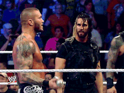 brittt672:  Orton + Rollins - That look though.  I think Seth is liking the way Randy is shaking that spray can! ;)