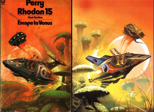 70sscifiart:  Left: Peter Andrew Jones’ 1976 cover to “Escape to Venus.” Right: A slightly different version from the   1980 Peter Andrew Jones art collection “Solar Wind”
