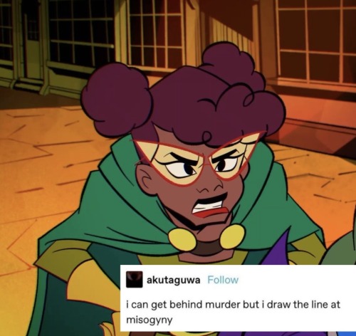 a screenshot of Rise April edited with a tumblr text post by @akutaguwa: "i can get behind murder but i draw the line at misogyny"