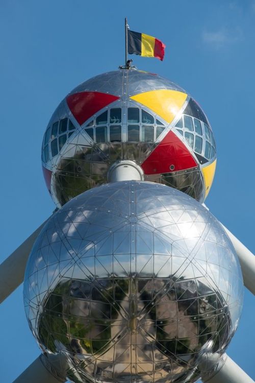 The atomium in the colours of the Belgian flag,Brussels Belgium