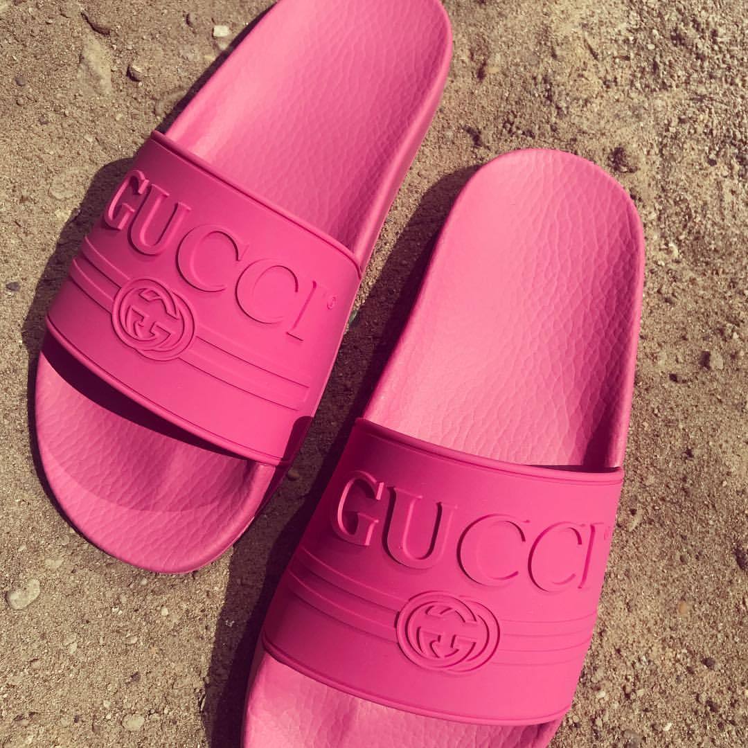 neon pink gucci slides