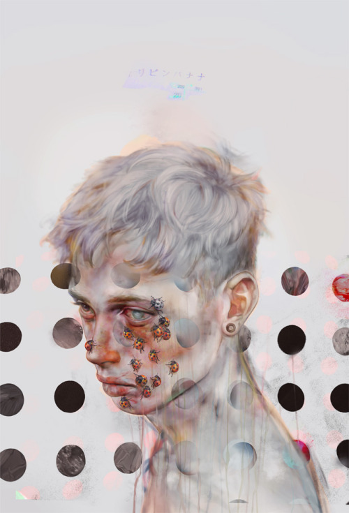 asylum-art:Xhxix ArtArtist on TumblrXhxix is a Japanese illustrator based in Tokyo. “Painting” all of his images digitally on the computer, Xhxix creates haunting technicolor portraits of men with sullen gazes, dripping skin, and bloodshot eyes.