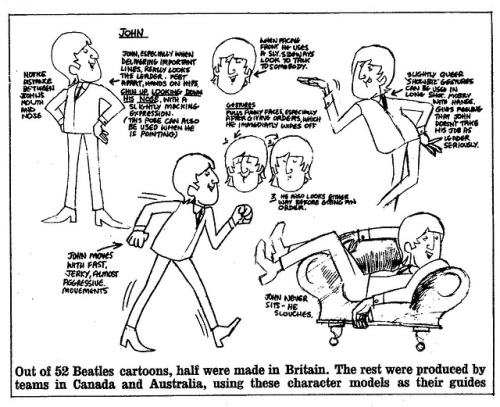 colsmi:  Four of Peter Sander’s character sheets for 1965′s TVC Beatles cartoon show, as printed in March 6th 1966′s Sunday Times Magazine. And because it’s often interesting to read something direct from the period, I’ve included the Peter