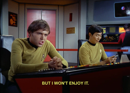 percychekov:sirdef:northwangerabbey:Sulu’s like “whatever, drama queen.”is sulu textinghe’s livetwee