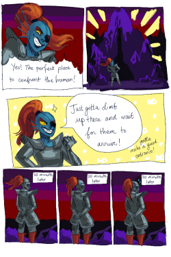 kuuhaiyu:  how long did undyne wait to make that dramatic entrance of hers and meanwhile frisk is just dicking around in temmville i  