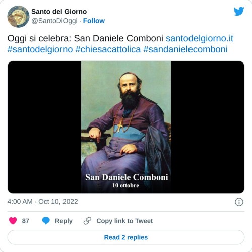 Oggi si celebra: San Daniele Comboni https://t.co/YeJ319MPIo#santodelgiorno #chiesacattolica #sandanielecomboni pic.twitter.com/RAy5FlKbGI  — Santo del Giorno (@SantoDiOggi) October 10, 2022