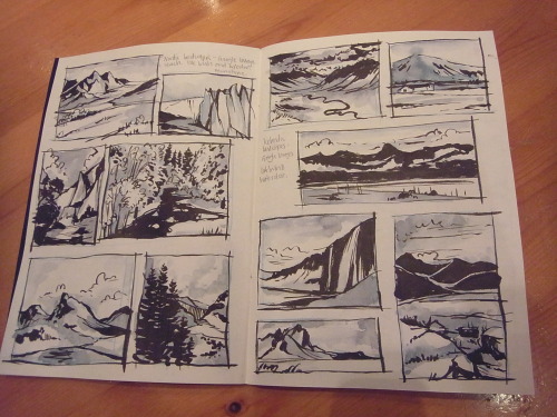 Ink brush and background practice, landscapes drawn from photographic reference. 