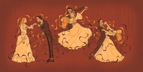 erik and christine performing a waltz. erik is leading confidently while christine looks dazed, swept off her feet, slightly unsure.