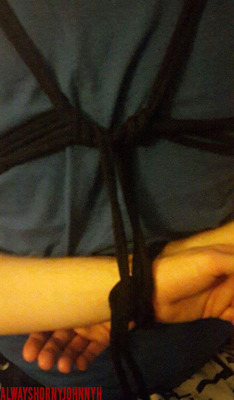 alwayshornyjohnnyh:  March 2016. A friend of mine, intrigued by my rope work wanted to look at my books and try something. This is the result of their work. It’s a chest harness that holds the arms behind the back. I’m the rope sub for this. I have