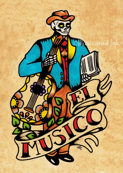 Day of the Dead EL MUSICO Tattoo Art Loteria Print 5 x 7, 8 x 10 or 11 x 14 finger picking good