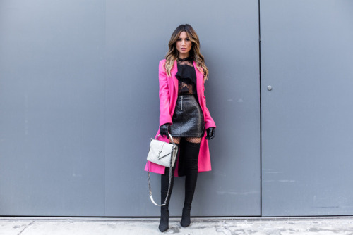 Fashion blogger Jessi Malay from mywhitet in Tony Bianco Over-The-Knee Boots Topshop Pink Fluro Coat