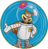 blue sticker of sandy smiling and gesturing toward the viewer.