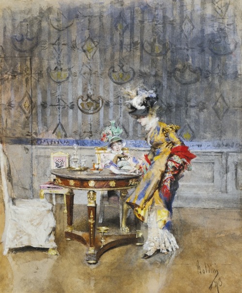 The Letter.Watercolour and pencil on paper.26.6 x 21.8 cm.Art by Giovanni Boldini.(1842-1931).