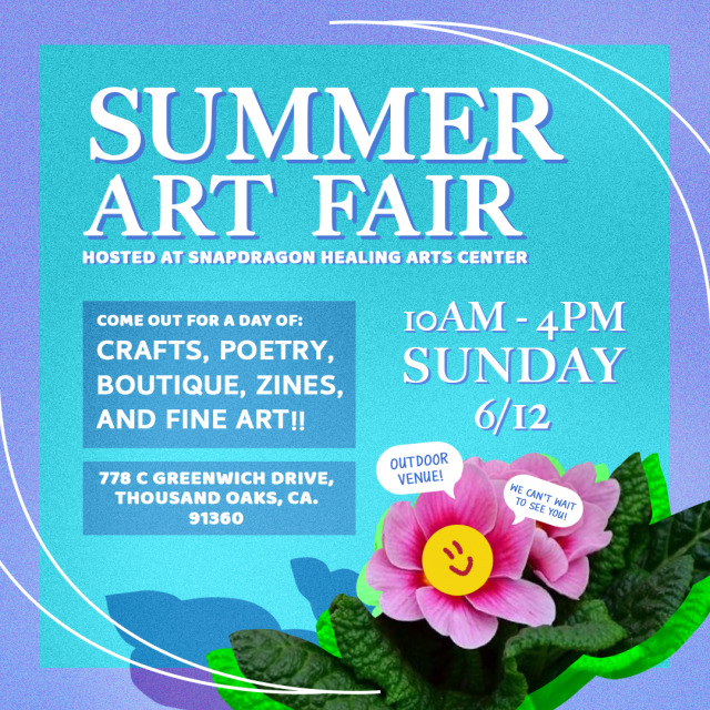 My family is hosting another art & craft fair in Thousand Oaks, CA, and we have open artist applications! We expect to have fine art, zines, collages, boutique, poetry and food. Its free to table, but 10% of all sales proceeds goes back Snapdragon Healing Center. WHEN: Sunday June 12, 10AM to 4PMWHERE: Snapdragon Healing Arts Center (outside, in a gravel parking area, partly tree-shaded), 778 C Greenwich Drive, Thousand Oaks, CA, 91360WHAT TO BRING: A folding table and chair if you have one, and a popup tent/umbrella if you have one. If you dont have these, let us know. Bring your own small change and/or credit card reader or Square, we will not be able to provide those. And bring all your art! MASKS: We kindly request that all tabling artists wear masks, but we cant control whether the customers who arrive wear masks. ACCESSIBILITY: Unfortunately, because the lot is gravel, its not very friendly to wheelchairs or wheeled walkers. We have a bathroom available to artists which is inside the Healing Center, one small step up from the deck. We will also be providing water, sunscreen and hand sanitizer.PARKING: There is a fair amount of free all-day parking in the streets surrounding the Snapdragon Healing Center. We will help direct artists on where to pull in to unload, and where to park.Applications are open to all until we fill up on space! Also, if you are in the area and want to come as an attendee, please stop by and say hello, I will be there~ LINK TO APPLY ~ FACEBOOK EVENT #event#craft fair#art fair #thousand oaks ca