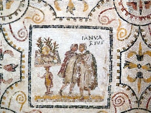 honorthegods:January, fragment of a mosaic with the months of the year. First half third century CE.