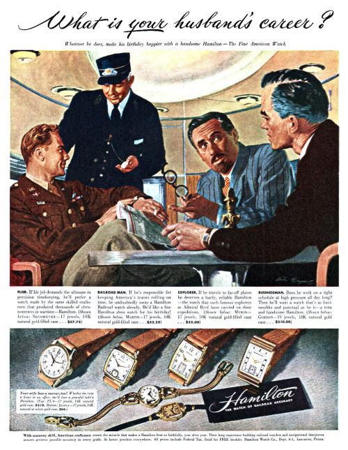 Hamilton Watch Co, 1947 #watches#ad#1947#midcentury#advertisement#American#husband#mens#railroad#accuracy#fashion#vintage#mid-century#1940s#train#career#timekeeping#advertising#design#time piece#mid century