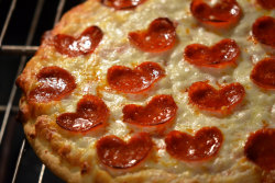 tango-mango:  Valentine pizza I cut these little hearts out of the pepperoni with a small cookie cutter. :-) 