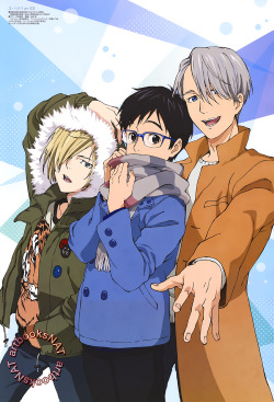 artbooksnat:  Yuri!!! on Ice (ユーリ!!! on ICE) Great poster of the main trio, Yuri Plisetsky, Yuri Katsuki, Victor Nikiforov–with Yurio trying to steal the show! 📸  New art work from Otomedia Magazine (Amazon US | eBay), with a sketch by character