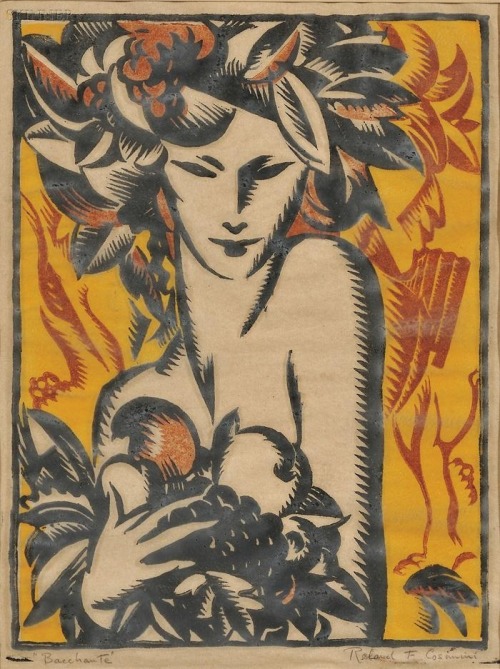 hildegardavon:Roland Francis Cosimini, 1898-?Bacchante (Woman Art Deco), n/d, woodcuton paper P