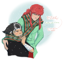 nhyworks:  Yu Yu Hakusho Secret Santa for akayashi! They requested a Christmas-themed Hiei and Kurama sharing a scarf, but since I’m a few days late on this I figured I’d throw in some extra doodles to make up for it. This was a super fun little group