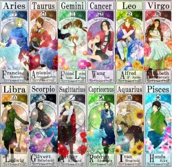 askasianfive:   Which one are you? :P [source]   ivan is a capricorn. Alfred is a cancer. Yao is a libra. Arthur is a pisces. Germany is also a libra. Guys.