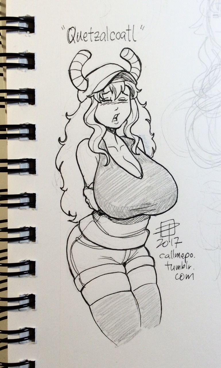 callmepo: Tiny doodle of Quetzalcoatl from Dragon Maid.  Yes. She’s the busty horned