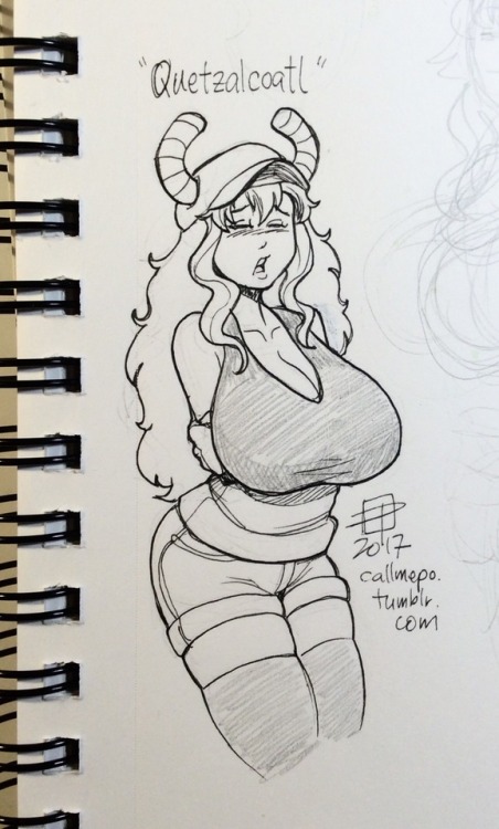callmepo: Tiny doodle of Quetzalcoatl from Dragon Maid.  Yes. She’s the busty horned gal you have been seeing a lot of lately.  Fun anime and manga btw.  <3 <3 <3