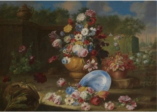 Giacomo Nani“A Garden Landscape with Carnations, Roses, Tulips, and other flowers in vases, an Urn t